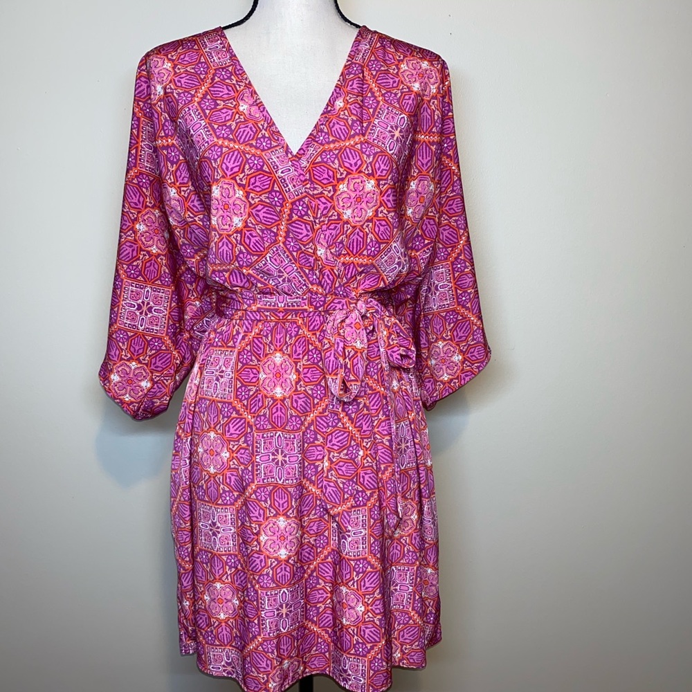 Peach Love Cream Belted Surplice Print Dress